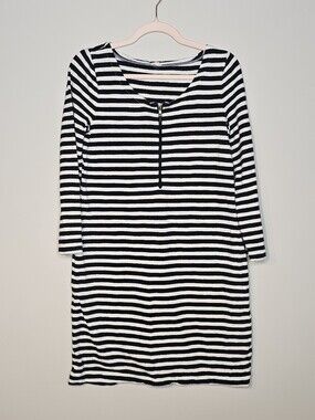 J. Crew 100% Cotton Knit Shift Dress Navy White Striped Size Small Boat Neck Zip